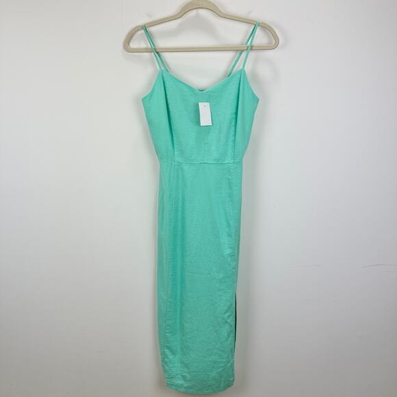 J.Crew Linen Blend Slip Midi Dress Mint Blue Slit Colorful Adjustable US 0 NWT - Picture 5 of 12
